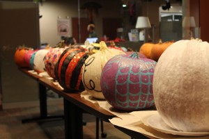 After finishing their projects, students displayed their pumpkins on tables located in the Student Center and allowed for them to dry off. Photo by Hannah Haggerty. 