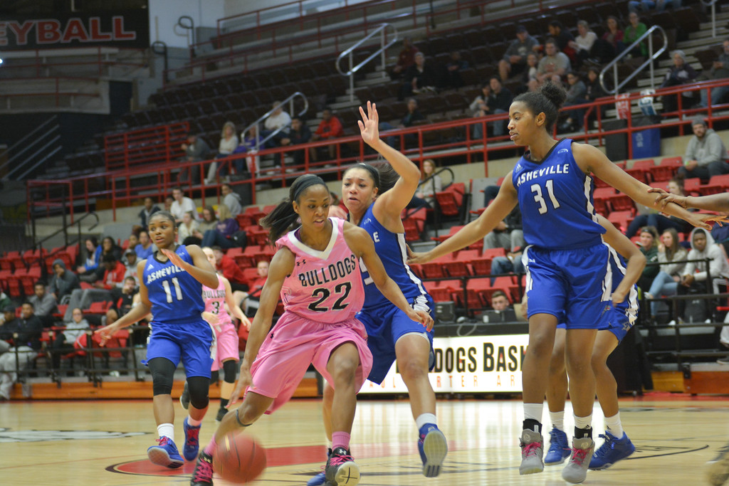 Number 22, Candace Brown, with the ball.